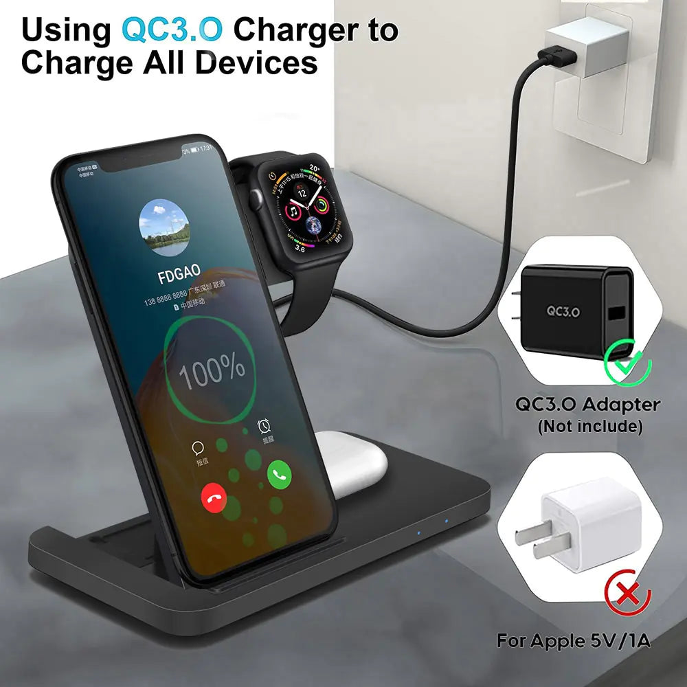 Fast Wireless Charger for Smartphone, Smartwatch, and Earbuds