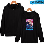 Black zip-up hoodie shown from front and back on hangers; the back features a colorful rectangular “RIVERDALE” graphic poster-style print, with a small product code label in the top-right corner.