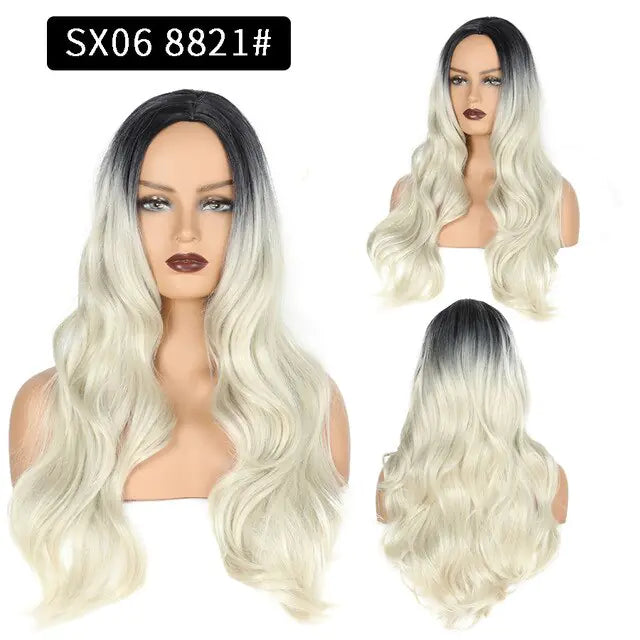 Product collage of a long, wavy ombré wig on a mannequin, with dark roots fading to platinum blonde; shown from the front, side, and back, labeled “SX06 8821#.