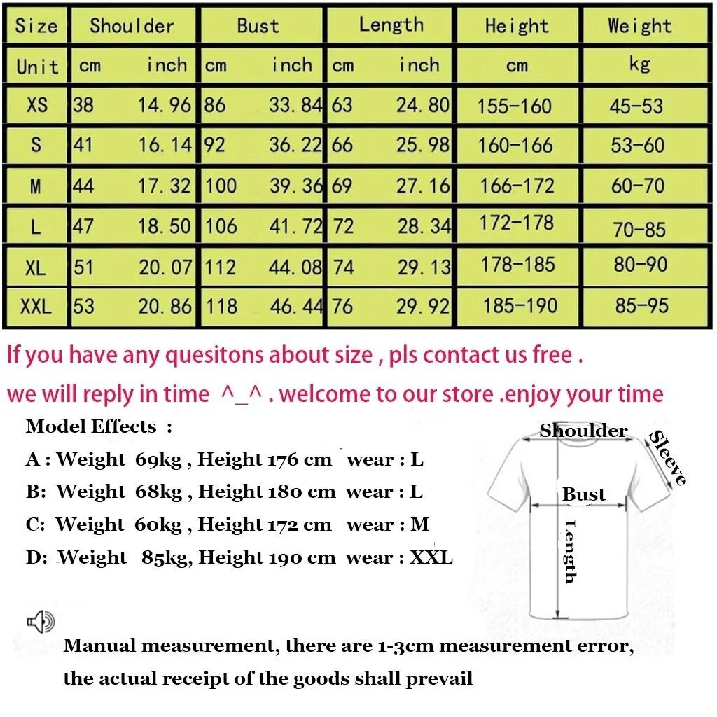 A size chart for the STOMART ONLINE "I Love It When My Wife Let's Me Sleep In" Biker T-Shirt specifies measurements in inches and centimeters for sizes XS to XXL. Categories include shoulder, bust, length, height, and weight. Additional notes cover fitting guidance using models' measurements and manual measurement disclaimers tailored for biker enthusiasts.