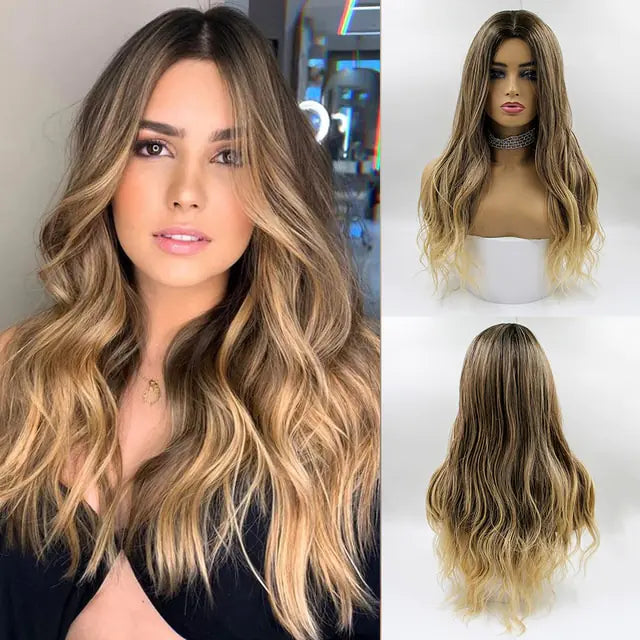 Collage showing a long, wavy ombré wig in dark brown fading to blonde, with a model wearing it on the left and front and back views of the wig on a mannequin on the right.