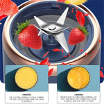 Comparison graphic of a blender blade assembly with strawberries swirling around a six-blade cutter, plus two inset images comparing results from “6 knives” (smooth juice) versus “2 knives” (chunky, poorly mixed).