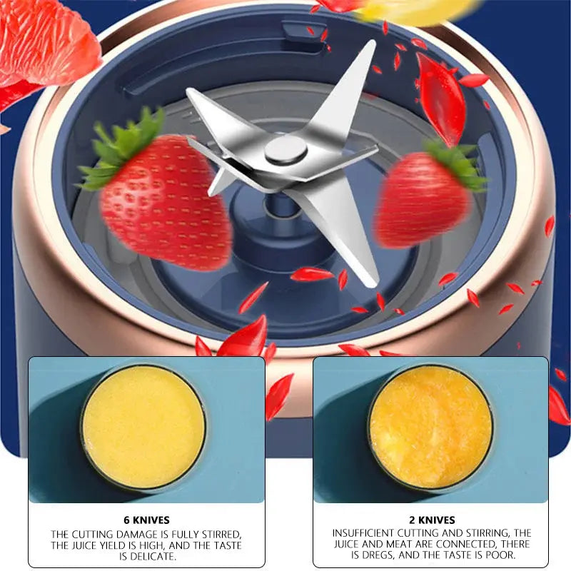 Comparison graphic of a blender blade assembly with strawberries swirling around a six-blade cutter, plus two inset images comparing results from “6 knives” (smooth juice) versus “2 knives” (chunky, poorly mixed).