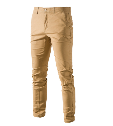 A pair of slim-fit khaki pants with a button and zipper closure, featuring a small green crocodile logo on the upper left thigh. The pants have belt loops and side pockets, with a slightly wrinkled appearance. A larger green crocodile logo is displayed in the top left corner of the image.