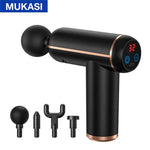 Black handheld massage gun labeled “MUKASI,” with rose-gold accents and a digital display showing “32,” pictured alongside four interchangeable massage head attachments.