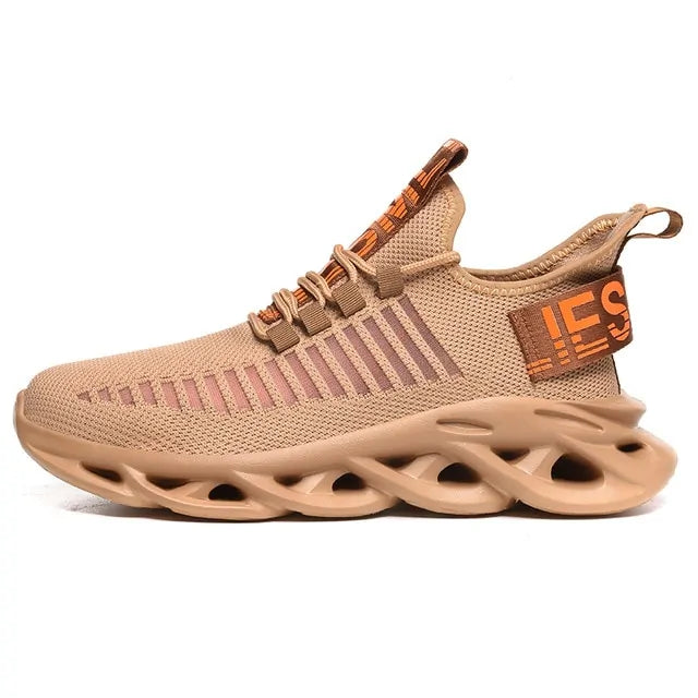 Tan knitted trainers with hollow cushioned sole.