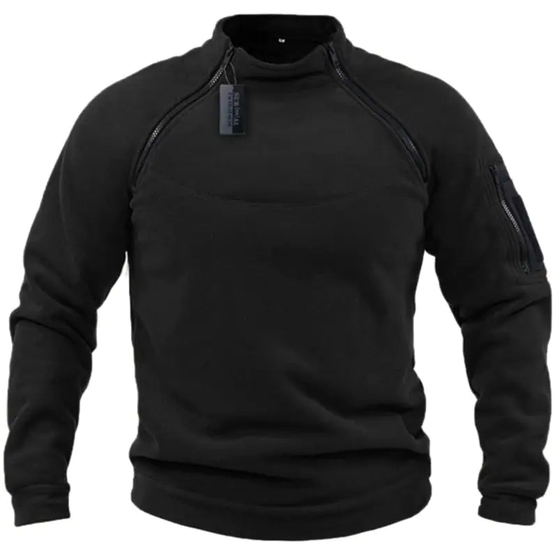 A long-sleeve fleece pullover with zipper detailing on the shoulders and a zippered pocket on the left sleeve.
