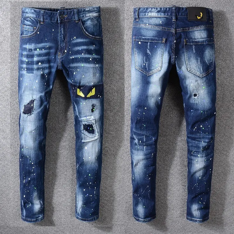 Men's Monster Face Ripped Denim Pants