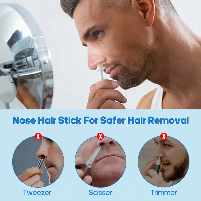 Man using a nose hair stick with an illustration of safe hair removal methods.
