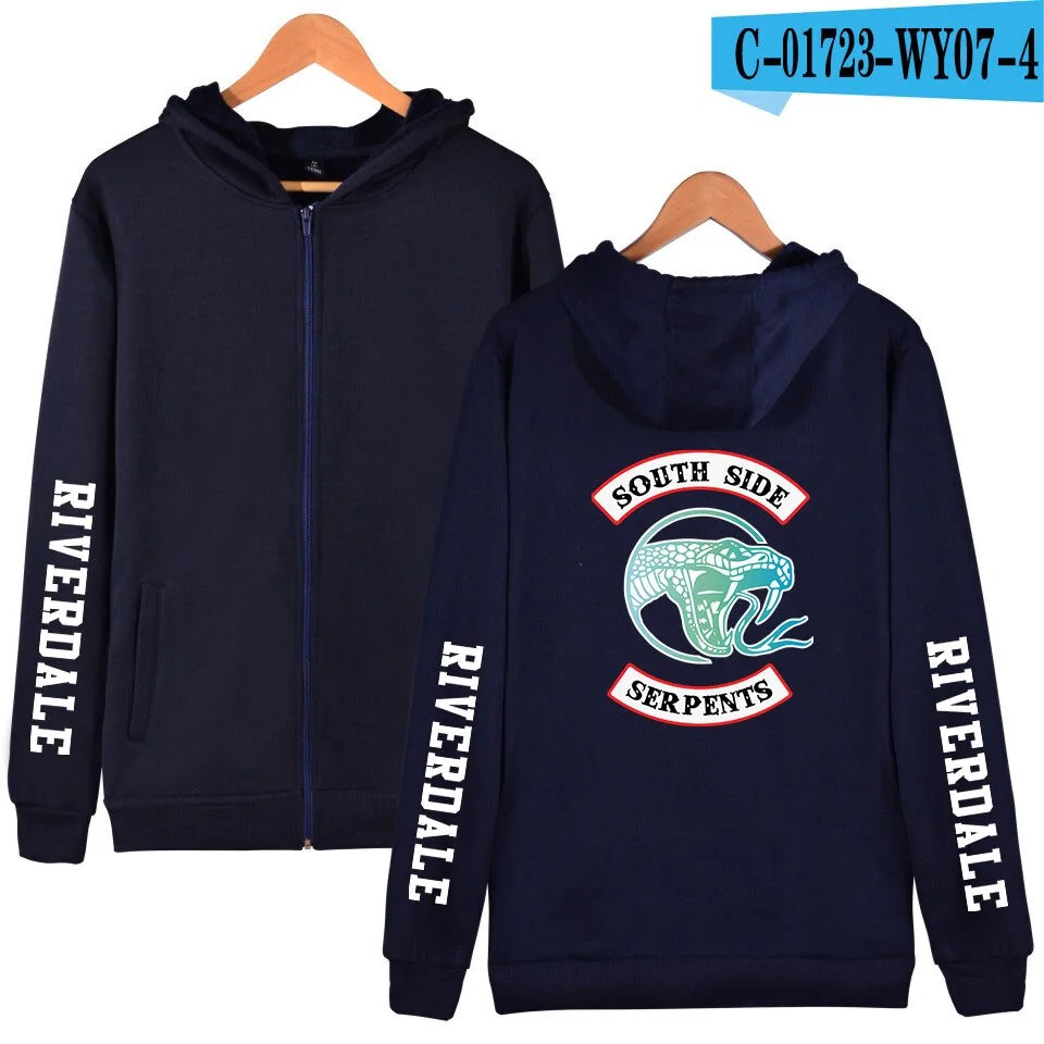 A navy blue zip-up hoodie with a hood and side pockets, featuring “RIVERDALE” printed down both sleeves and a large “South Side Serpents” snake graphic on the back.