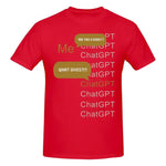 Red T-shirt with gold “May ChatGPT Be With You” slogan on the front.