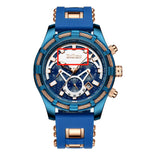 Blue and rose-gold men’s chronograph wristwatch with a blue silicone strap, textured blue dial with subdials and date window, and “BIDEN” branding highlighted in a red box, shown on a white background.