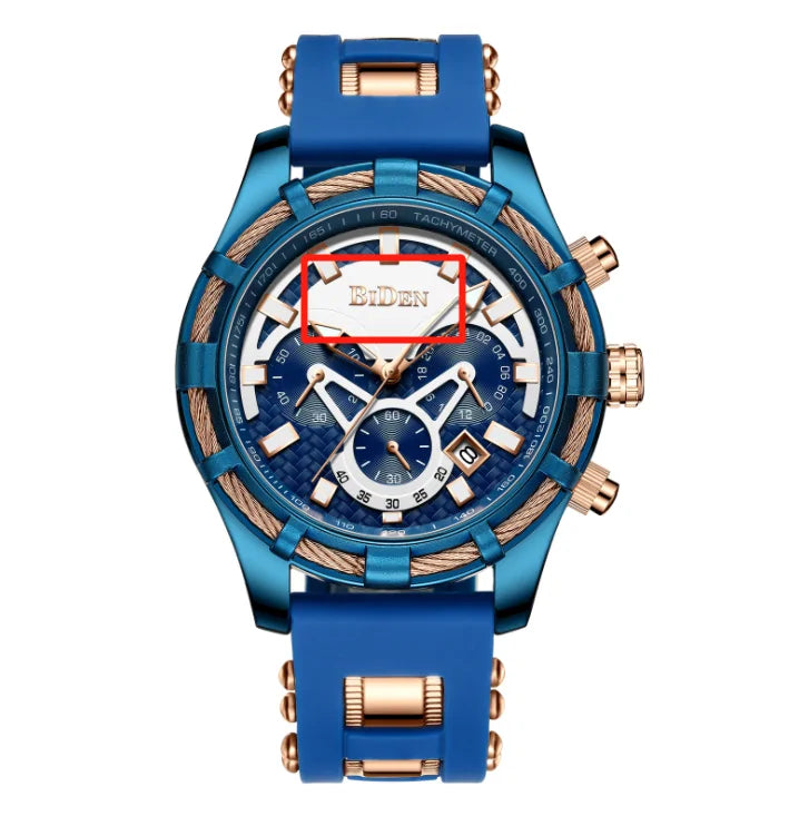 Blue and rose-gold men’s chronograph wristwatch with a blue silicone strap, textured blue dial with subdials and date window, and “BIDEN” branding highlighted in a red box, shown on a white background.