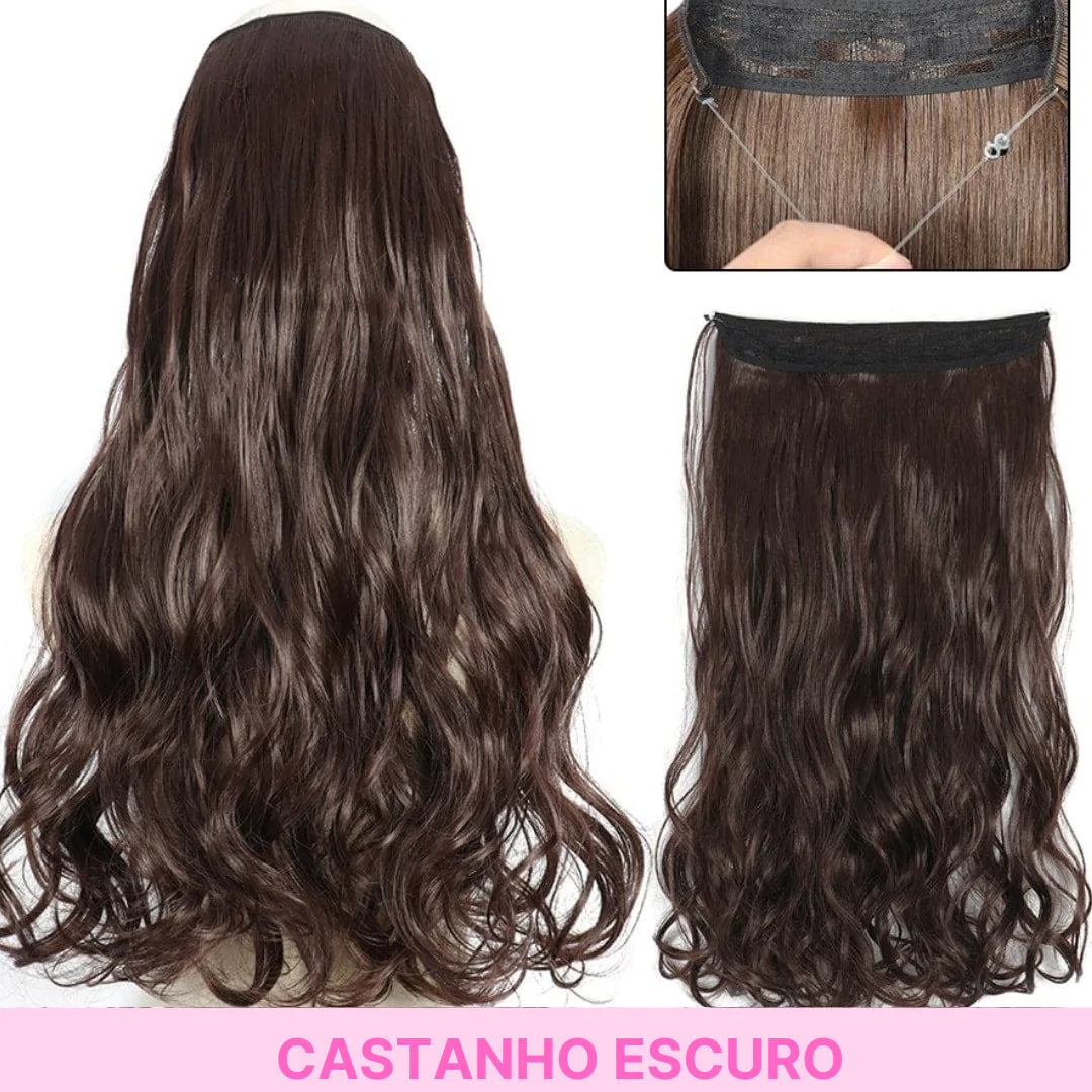 Collage showing a long, wavy dark-brown (“castanho escuro”) hair extension piece: back view of it worn, the extension shown separately, and a close-up of the clip/attachment band.