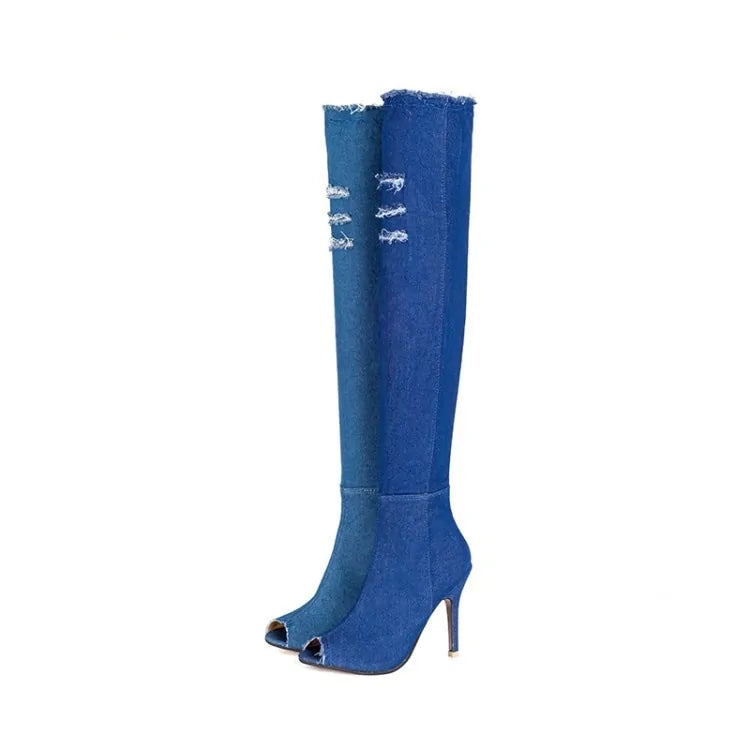 Ladies Over The Knee Denim Boots