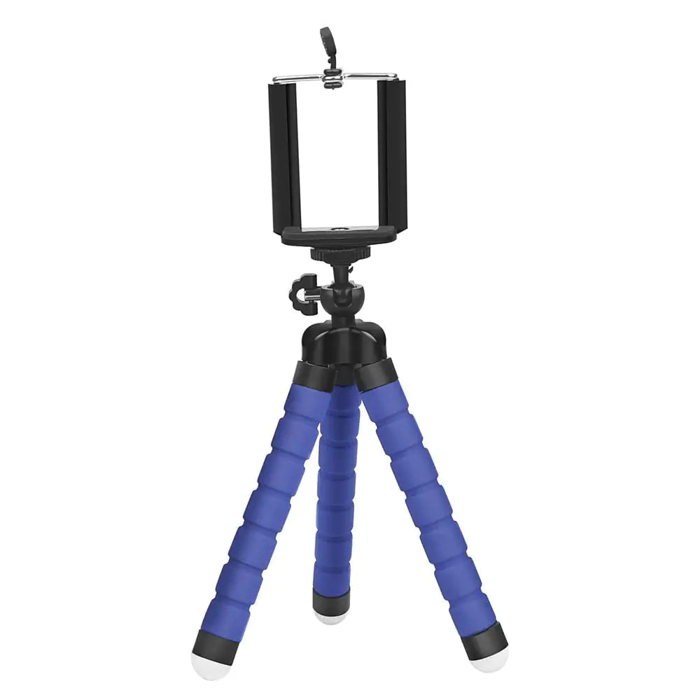 Mini tripod with flexible blue legs and a phone holder mount on top, shown on a white background.
