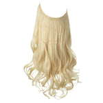 Long blonde halo hair extension with loose waves and curled ends, shown against a white background.