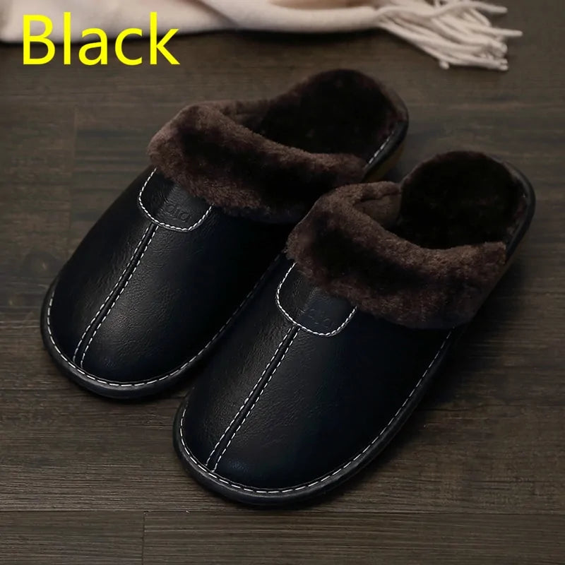 A pair of cozy brown indoor slippers with dark brown faux fur lining, displayed on a dark wooden floor. The slippers are labeled "Coffee color" in yellow text.
