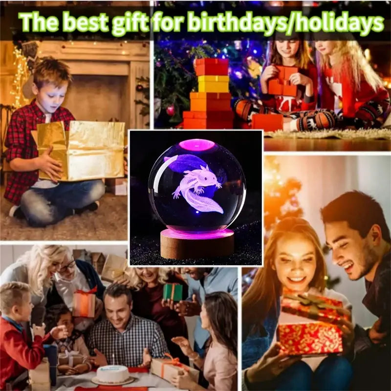 Collage advertising a glowing crystal ball lamp as a “best gift for birthdays/holidays,” showing people opening presents.