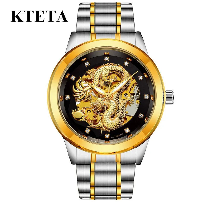 KTETA two-tone wristwatch with a silver-and-gold link band, gold bezel, and black dial featuring a gold dragon skeleton design and crystal hour markers, shown on a white background.