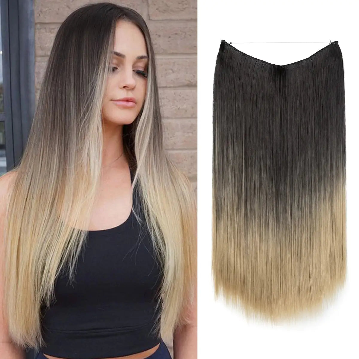 It looks like you've uploaded an image of long hair extensions that feature an ombre effect transitioning from black to blonde. Would you like me to help with anything else related to this?
