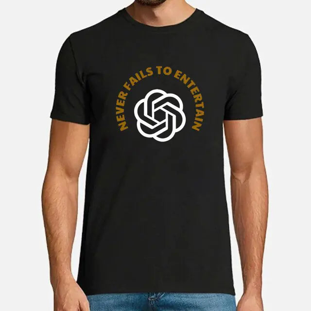 A black short-sleeve T-shirt featuring a central white OpenAI-style knot logo with curved gold text above it that reads, “NEVER FAILS TO ENTERTAIN.” The shirt is shown worn with blue jeans for a casual graphic-tee look.