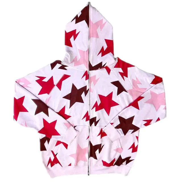 White zip-up hoodie with a front zipper and hood, printed all over with large star shapes in red, pink, and dark brown.