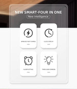 Overall, it’s advertising a 4-in-1 bedside gadget combining wireless charging + clock + alarm + adjustable night-light brightness.