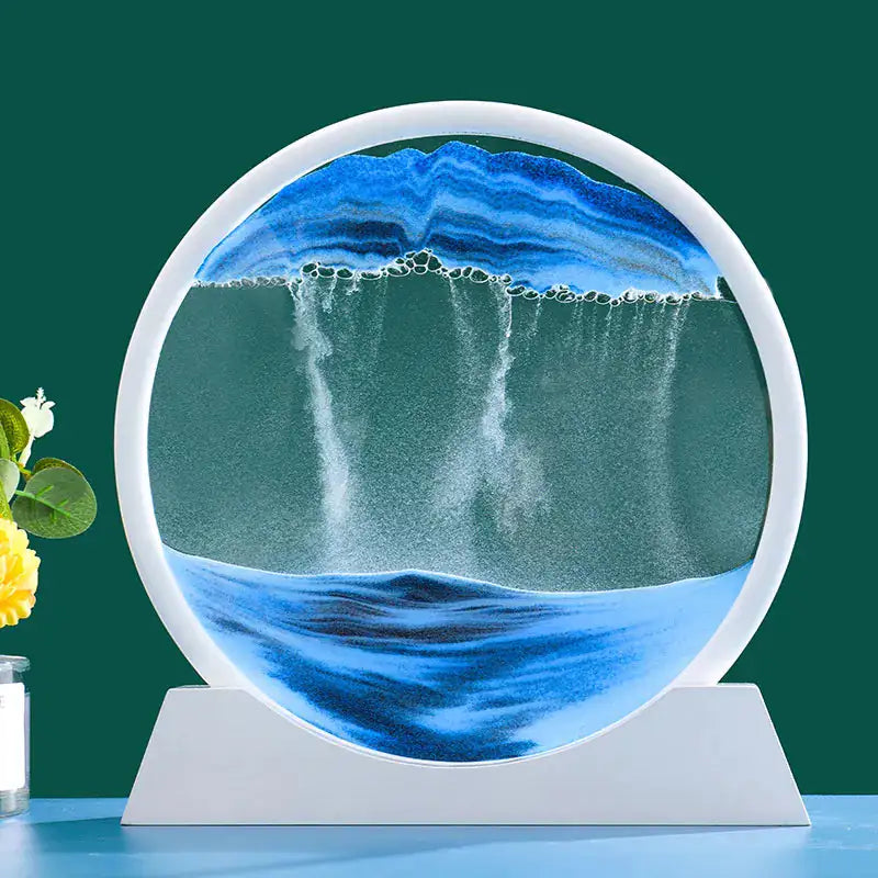 Artistic 3D Moving Sand Art Picture on a wooden shelf