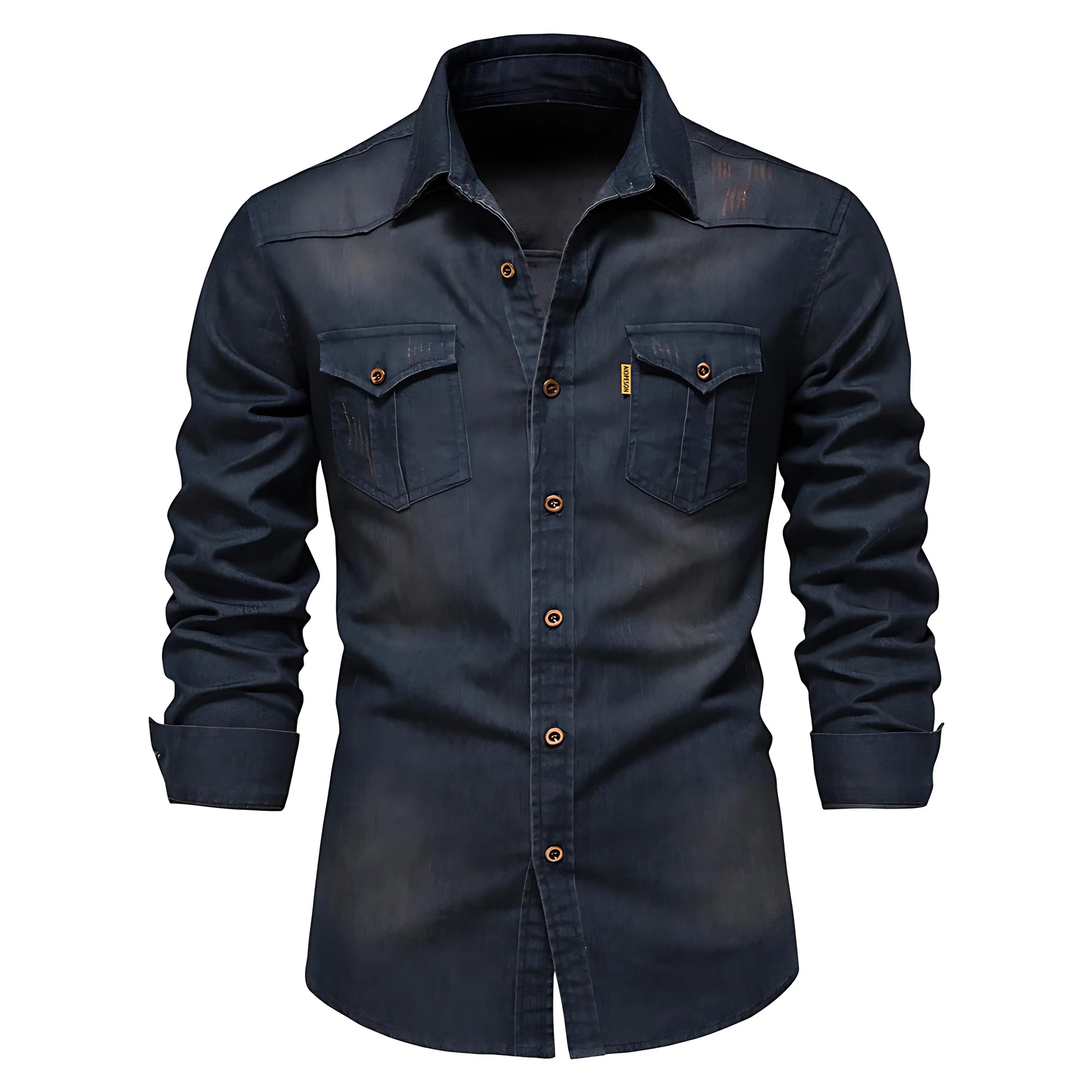 Dark navy/black long-sleeve button-up shirt with a spread collar, brown buttons, and two flap chest pockets, shown on a white background with the cuffs slightly folded.