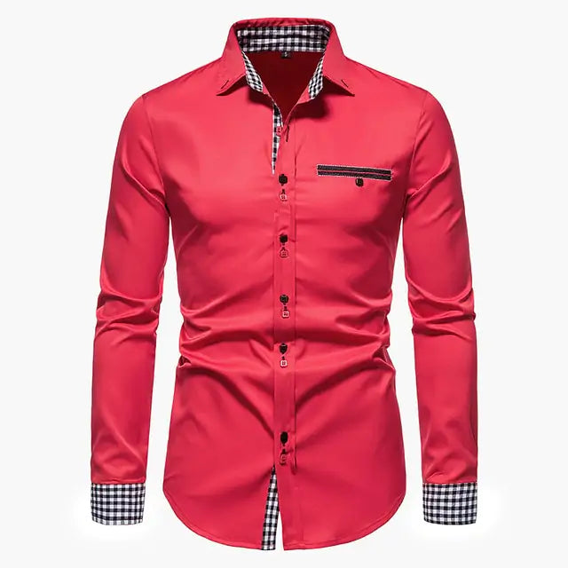 Red long-sleeve men’s button-up shirt with checked collar, cuffs and pocket trim.
