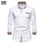 Men’s white long-sleeve button-up shirt with checked trim.
