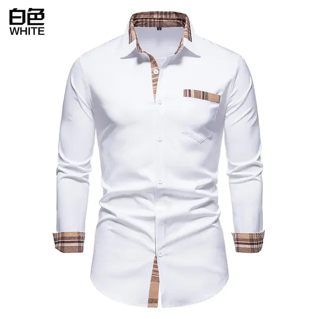 Men’s white long-sleeve button-up shirt with checked trim.
