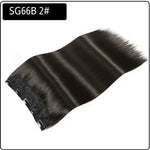 A long clip-in hair extension in a rich brown shade labeled "SG66B M2/30#," shown on a white background with a black clip-in band.