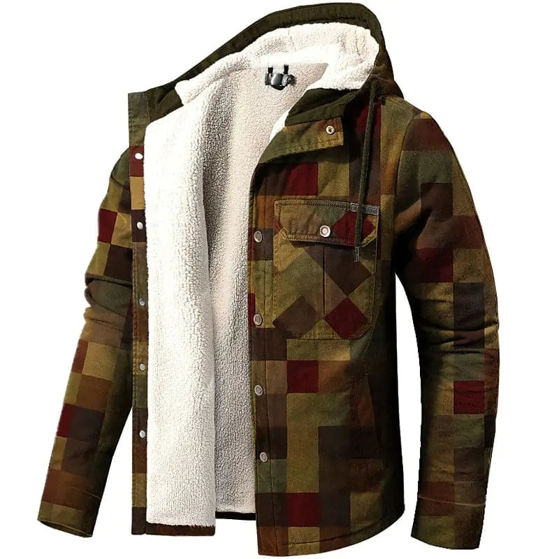 The image shows a warm, hooded jacket with a patchwork design in various earthy colors like green, brown, and burgundy. The interior is lined with a soft, fleece-like material for warmth.