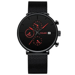 Black chronograph wristwatch with red hands and subdials, black mesh strap, and a date window at 3 o’clock on a white background.