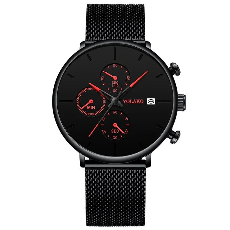 Black chronograph wristwatch with red hands and subdials, black mesh strap, and a date window at 3 o’clock on a white background.