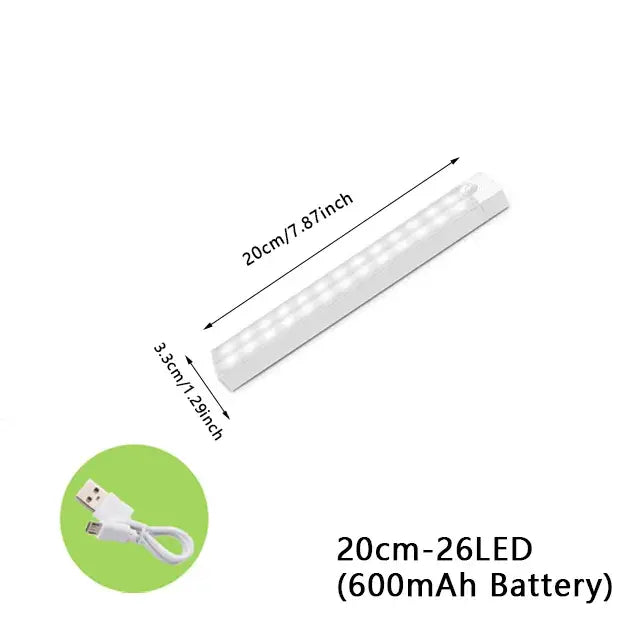 White LED light bar with USB charging cable, 30 cm long and 2 cm wide, with dimensions and battery info.