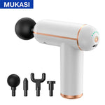 Handheld teal massage gun with a black round head attachment, shown with four interchangeable massage heads on a white background and “MUKASI” label in the corner