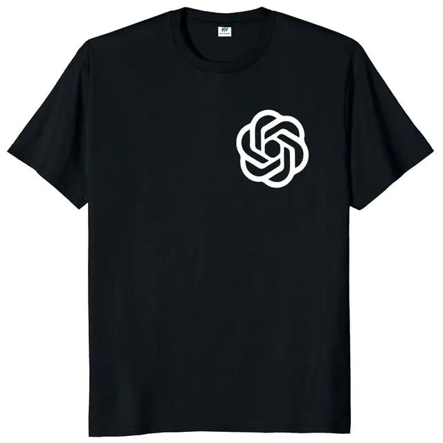 Black crew neck T-shirt with short sleeves and a small white chest logo graphic.