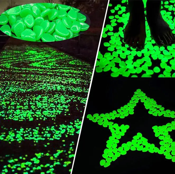 Glow-in-the-dark green pebbles shown in use: a pile of luminous stones, a pathway sprinkled with glowing pebbles, feet standing on the lit stones, and the pebbles arranged into a star shape on a dark surface.