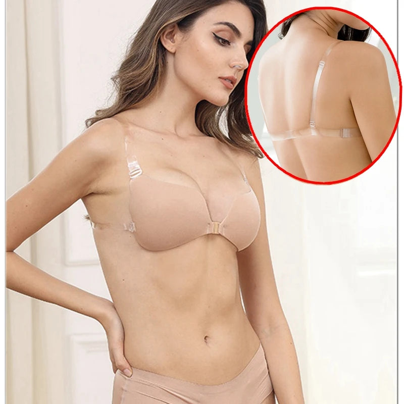 A model wearing a nude strapless bra with clear adjustable shoulder straps and a matching nude panty; an inset shows the clear back strap and band.