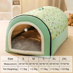 Soft indoor pet cave bed in mint green with a cartoon print and plush gray cushion, shown with a size chart (S–2XL) listing dimensions in cm and recommended pet weight in kg.
