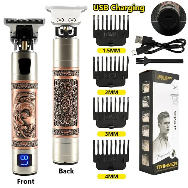 Product collage of a rechargeable hair trimmer showing front and back views, labeled “USB Charging,” with three clipper guards (1mm, 2mm, 3mm), a USB cable, cleaning brush, oil bottle, blade cover, and the retail box on a white background.