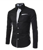 Black long-sleeve button-up dress shirt with a contrasting white patterned inner collar and placket, plus a small chest pocket trim, shown on a white background.