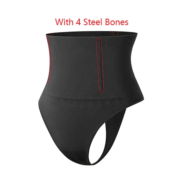 A black high-waist shapewear thong with red-stitched vertical support strips and the text “With 4 Steel Bones” above it, on a white background.