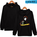 Black zip-up hoodie with graphic back print.