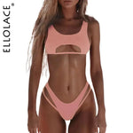 Model wearing a peach cutout bikini set, with “ELLOLACE” text along the left side.