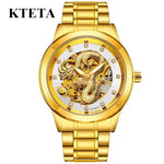 KTETA two-tone stainless steel wristwatch with a gold bezel and bracelet accents, featuring a skeleton-style dial with an ornate gold dragon design and crystal hour markers.