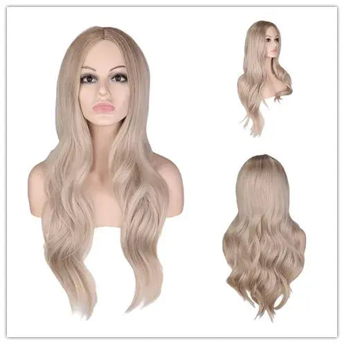 Collage showing a woman wearing a long, wavy dark-brown wig, alongside front and back views of the same wig displayed on a mannequin head against a white background.